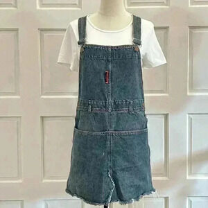 INTERFLOW Blue Denim Distressed Adjustable Strap Overall Mini Dress Size Medium